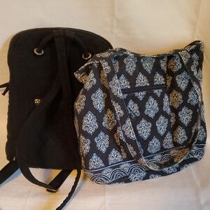 Vera Bradley BUNDLE Black Backpack and Blue Patterned Tote